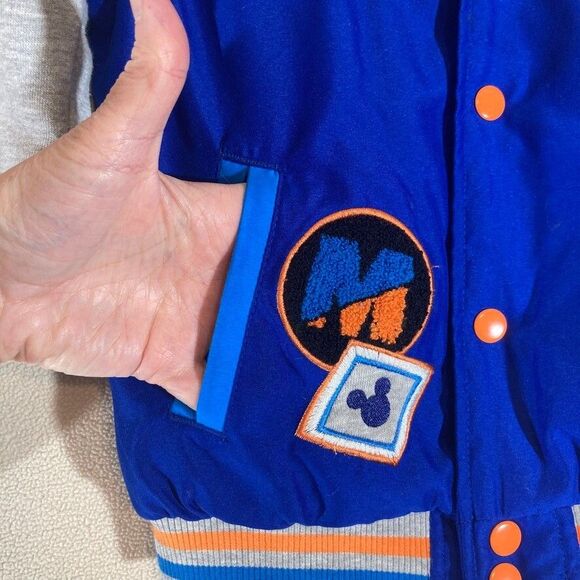 Mickey Mouse Team Disney Varsity Bomber Jacket Blue, Orange & Gray Snap Front - Picture 8 of 12